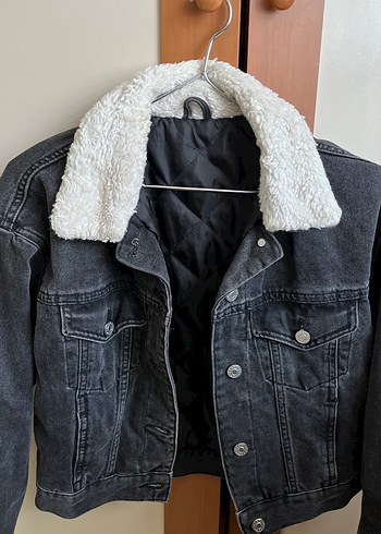 Kadın Gri Denim Ceket, Kürk Detaylı