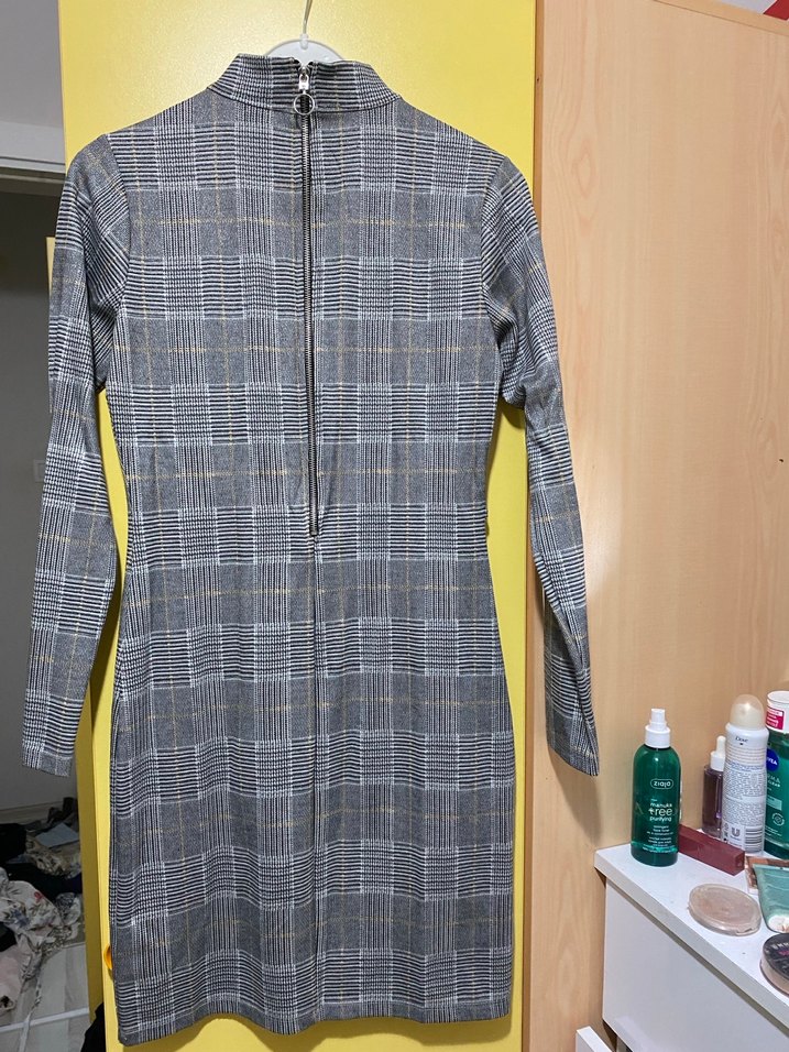 Gri Kareli Uzun Kollu Midi Elbise - Görsel 2