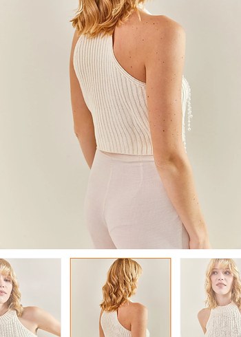 Kadın taş işlemeli İnci Detaylı Bej Triko Bluz - Görsel 4