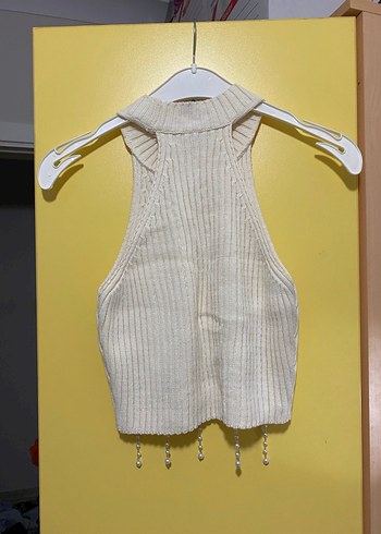 Kadın taş işlemeli İnci Detaylı Bej Triko Bluz - Görsel 3