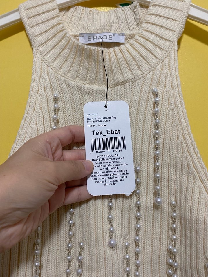 Kadın taş işlemeli İnci Detaylı Bej Triko Bluz - Görsel 2