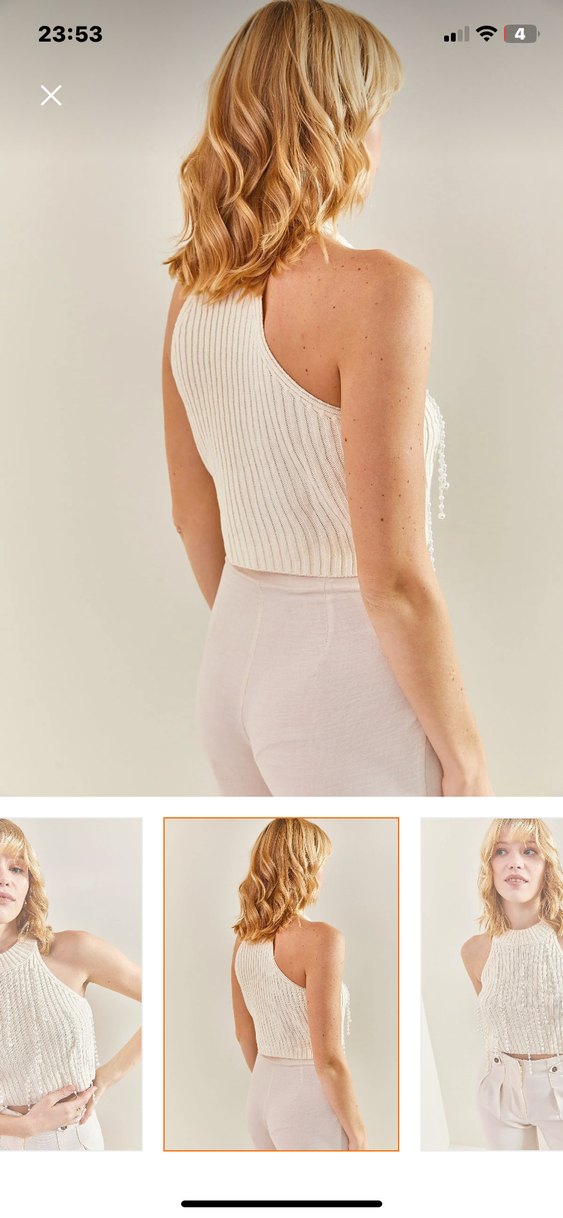 Kadın taş işlemeli İnci Detaylı Bej Triko Bluz - Görsel 4