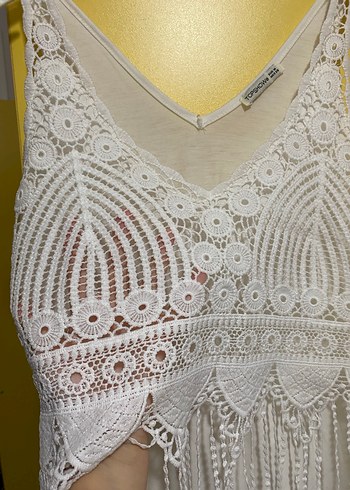 Dantel Detaylı Beyaz Mini Bohem Triko Elbise - Görsel 2