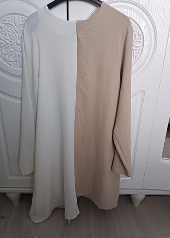 Bej ve Beyaz Uzun Kollu Midi Tunik - Görsel 5