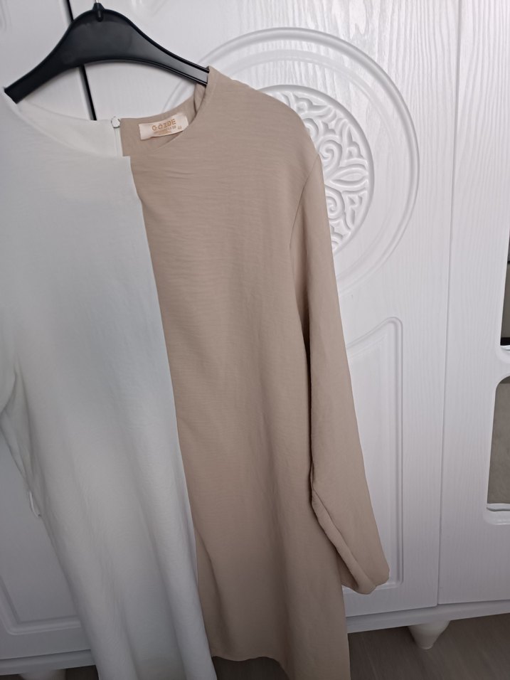 Bej ve Beyaz Uzun Kollu Midi Tunik - Görsel 2