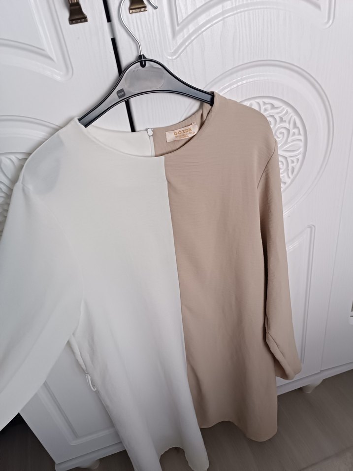 Bej ve Beyaz Uzun Kollu Midi Tunik - Görsel 3