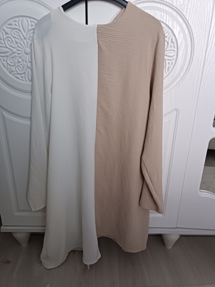 Bej ve Beyaz Uzun Kollu Midi Tunik - Görsel 5