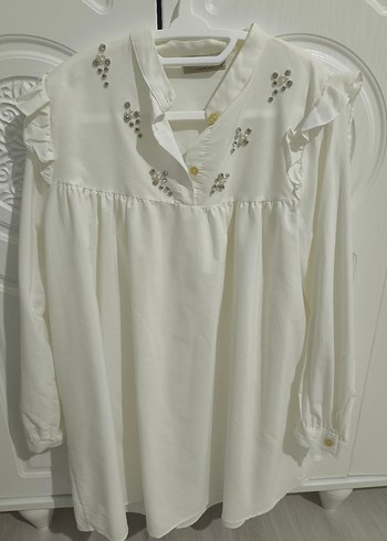 kadin Beyaz Fırfırlı Pamuk tunik gomlek - Görsel 6