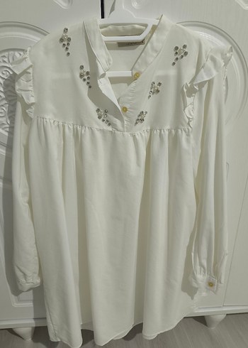 kadin Beyaz Fırfırlı Pamuk tunik gomlek - Görsel 7