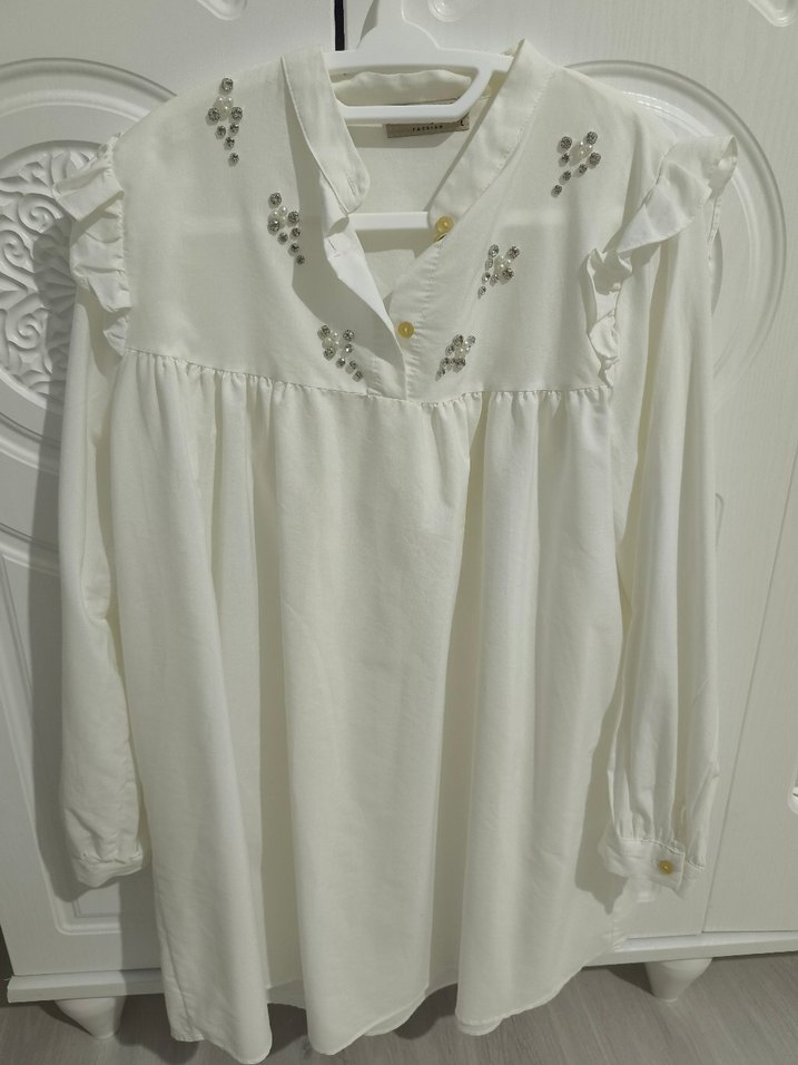 kadin Beyaz Fırfırlı Pamuk tunik gomlek - Görsel 5