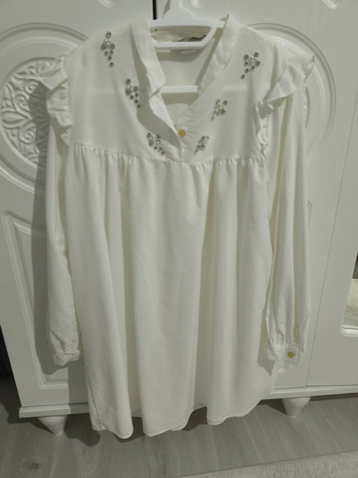 kadin Beyaz Fırfırlı Pamuk tunik gomlek - Görsel 3