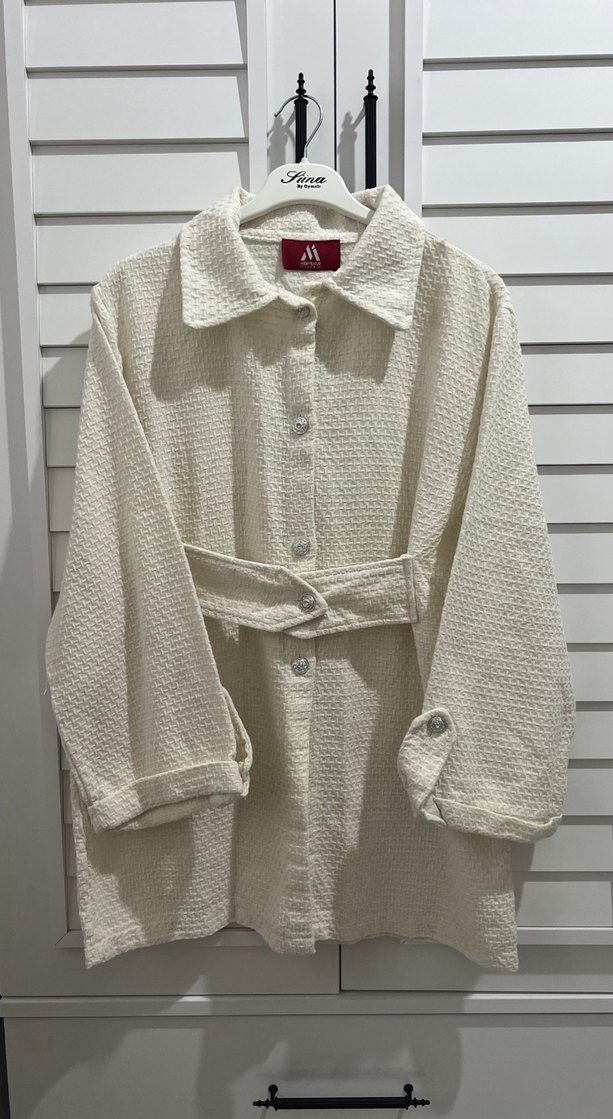 Beyaz Midi Boy Pamuk Örme Ceket - Görsel 2