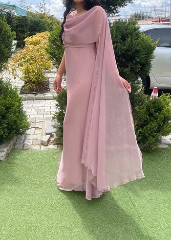 Pembe Drapeli Uzun Abiye Elbise