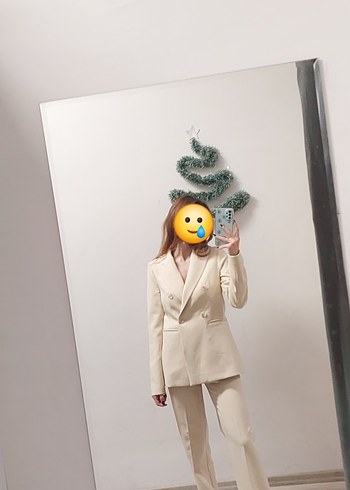 Bej Düğmeli Kadın Blazer Ceket pantolon takım - Görsel 2