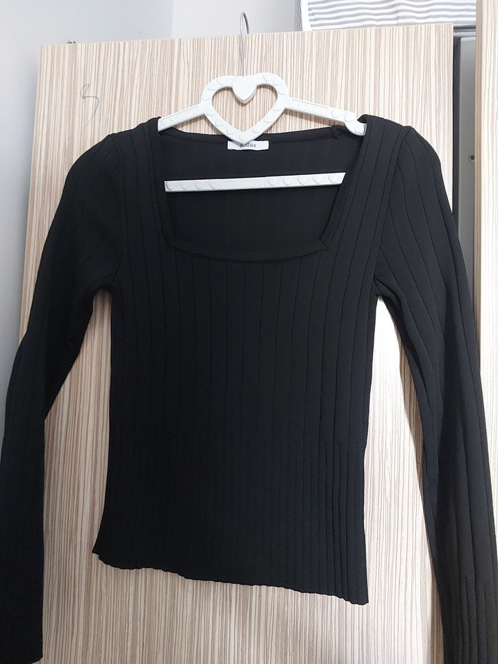 siyah düz yaka şık bluz - Görsel 2