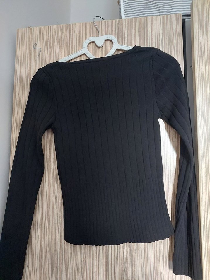 siyah düz yaka şık bluz - Görsel 4