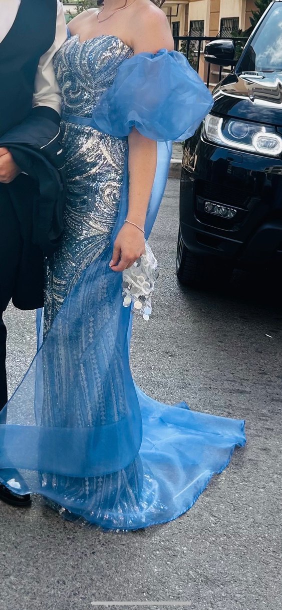 Parlak Desenli Straplez Uzun Gece Elbisesi - Görsel 4