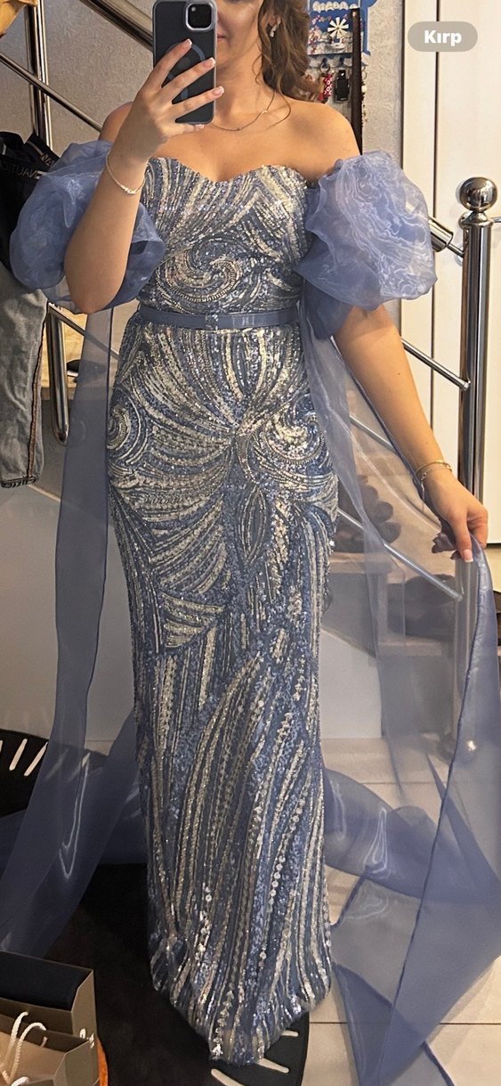 Parlak Desenli Straplez Uzun Gece Elbisesi - Görsel 3