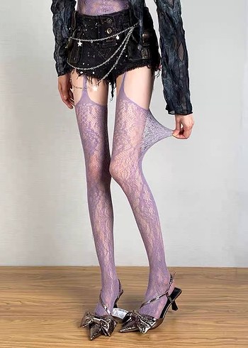 Lila renk Jartiyerli çorap - Görsel 3