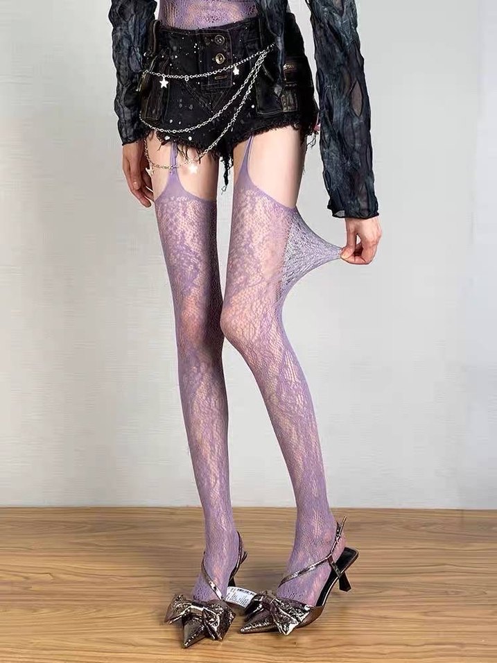 Lila renk Jartiyerli çorap - Görsel 3