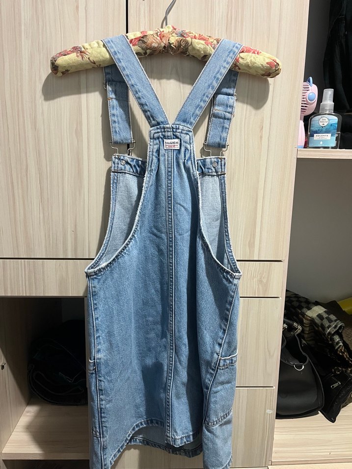 Kadın Mavi Denim Midi Askılı Tulum - Görsel 2