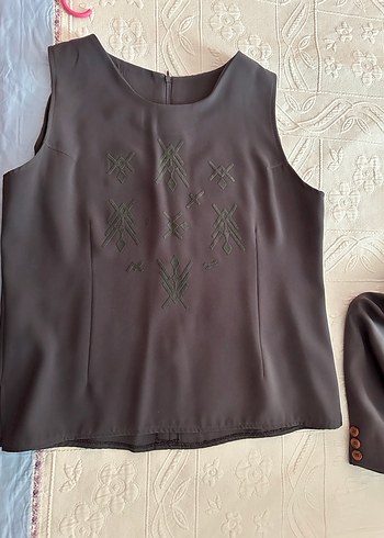 Gri Düğmeli kadın Ceket Etek bluz takım - Görsel 4