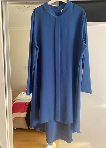 Düğmeli Yüksek Yakalı Uzun Mavi Tunik - Görsel 2