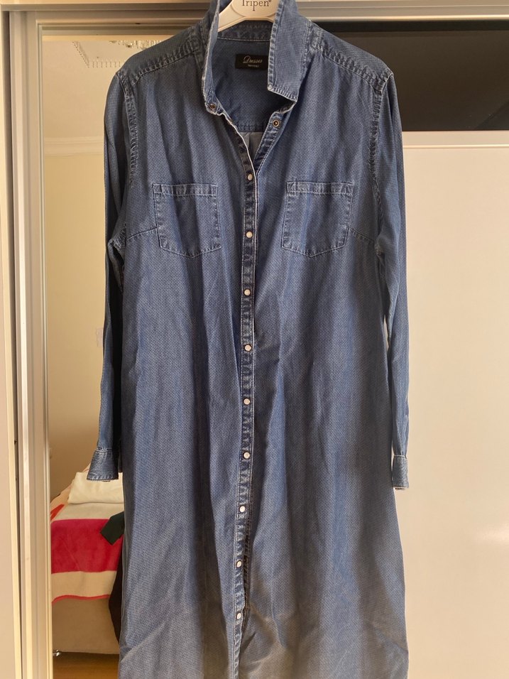 Düğmeli Uzun Kollu Gri Mavi Denim Gömlek - Görsel 2