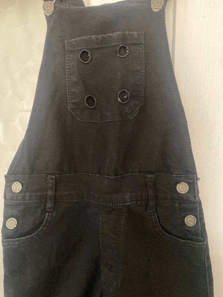 Düğmeli Siyah Kadın Denim Salopet - Görsel 2