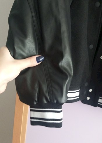 Düğmeli Siyah Deri Kadın bomber Ceket - Görsel 4