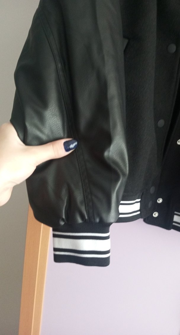 Düğmeli Siyah Deri Kadın bomber Ceket - Görsel 4