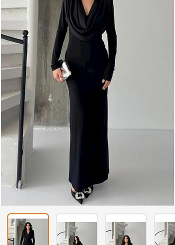 Kadın Siyah Uzun Drapeli V Yaka vatkalı Elbise - Görsel 5