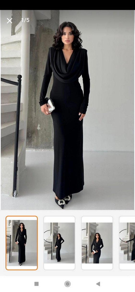 Kadın Siyah Uzun Drapeli V Yaka vatkalı Elbise - Görsel 5