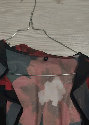 Şeffaf Kırmızı Desenli Uzun Kollu Bluz - Görsel 3