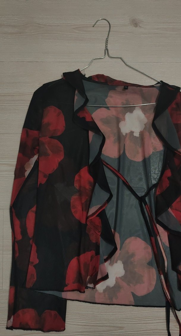 Şeffaf Kırmızı Desenli Uzun Kollu Bluz - Görsel 2