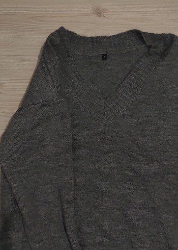 Gri V Yaka Uzun Kollu Triko Kadın Kazak elbise - Görsel 2