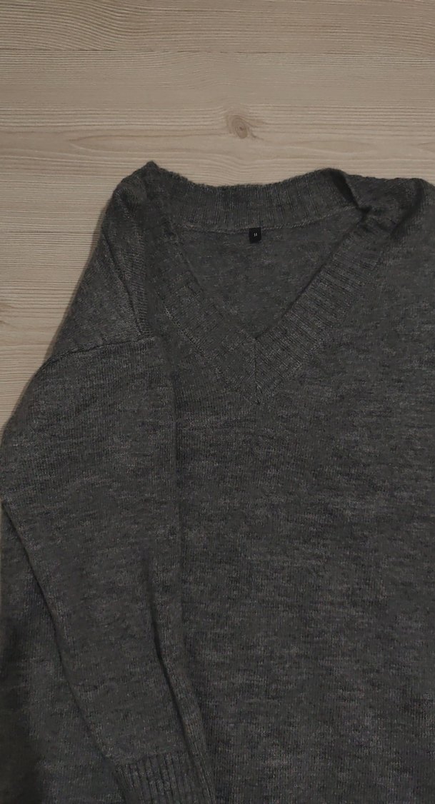 Gri V Yaka Uzun Kollu Triko Kadın Kazak elbise - Görsel 2