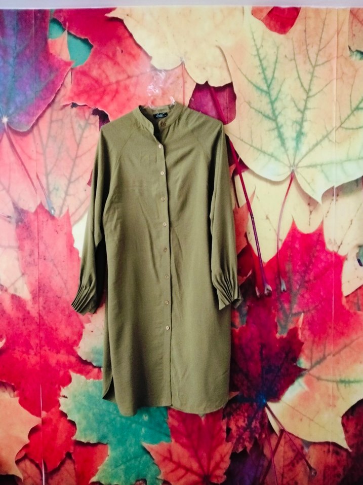 Kadın Haki Keten Uzun Kollu Tunik - Görsel 2