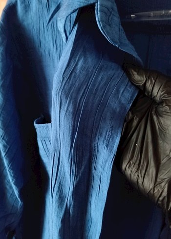 Uzun Kollu Mavi Keten Gömlek Tunik - Görsel 4