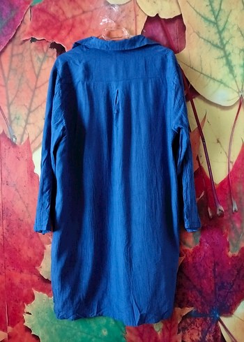 Uzun Kollu Mavi Keten Gömlek Tunik - Görsel 3