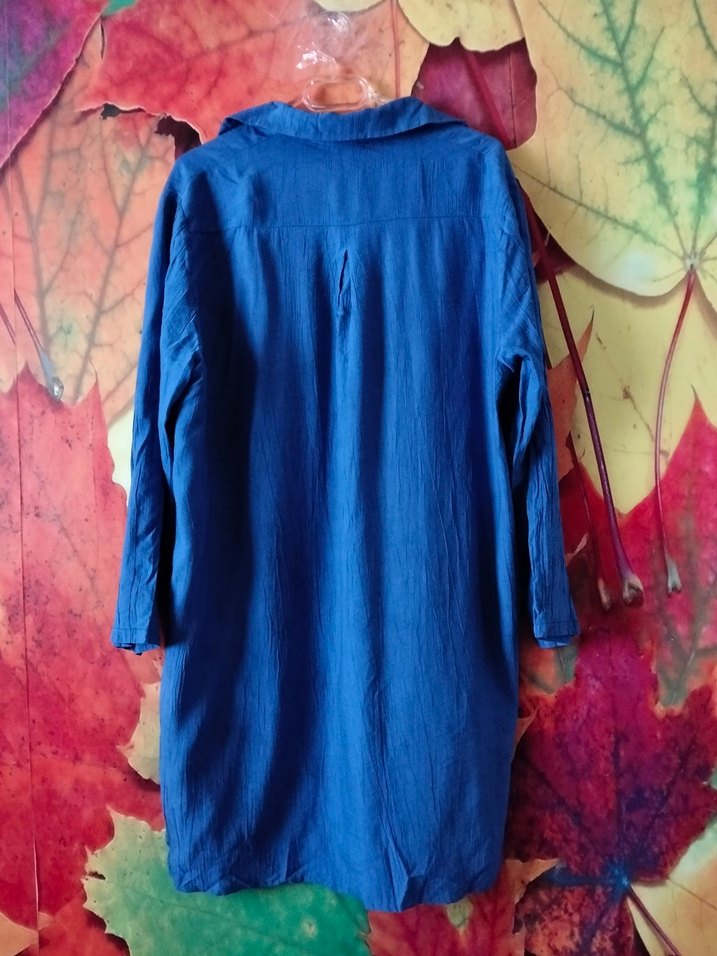 Uzun Kollu Mavi Keten Gömlek Tunik - Görsel 3