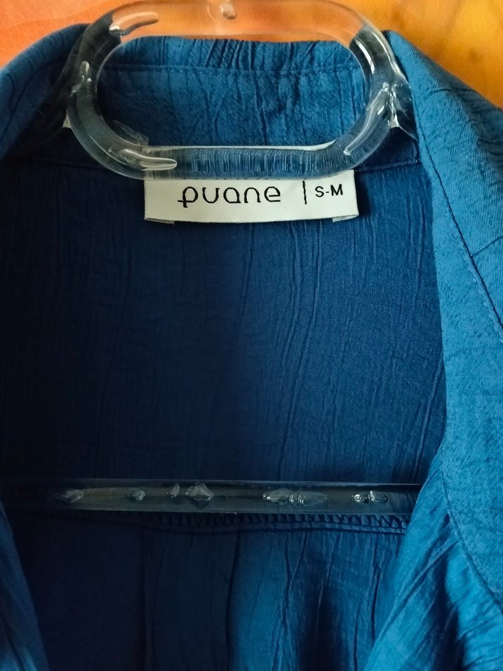 Uzun Kollu Mavi Keten Gömlek Tunik - Görsel 5