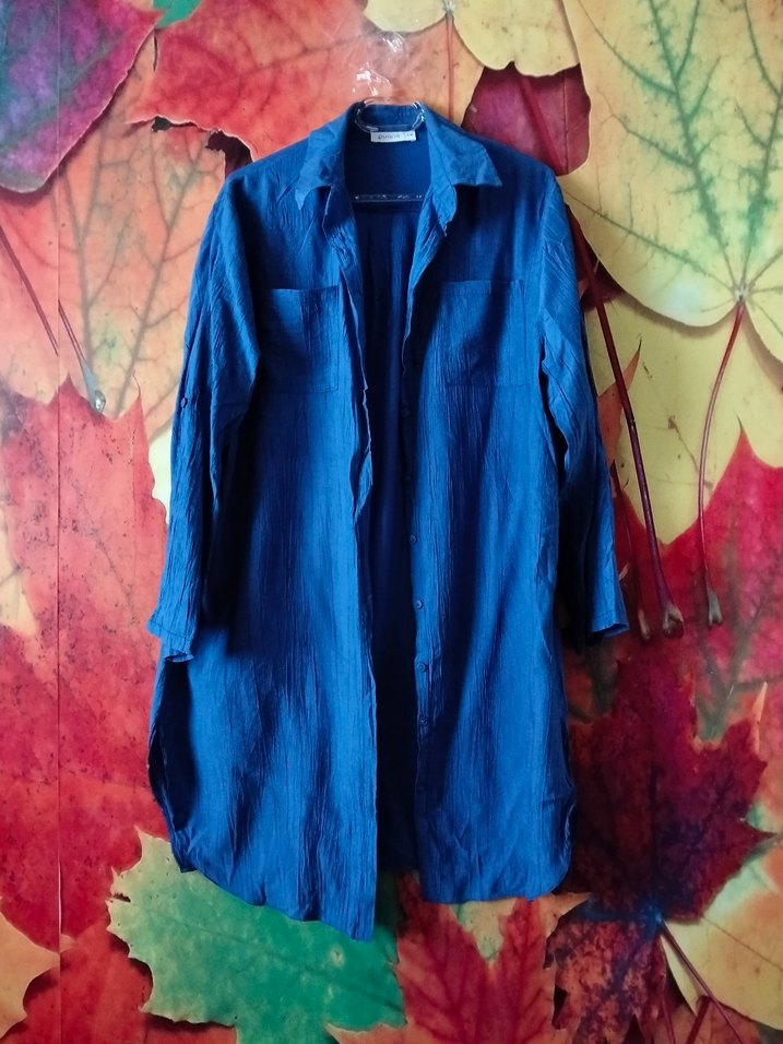 Uzun Kollu Mavi Keten Gömlek Tunik - Görsel 2