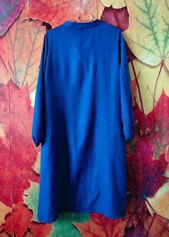 Düğmeli Mavi Uzun Keten Tunik - Görsel 3