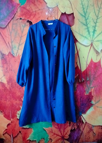 Düğmeli Mavi Uzun Keten Tunik - Görsel 2