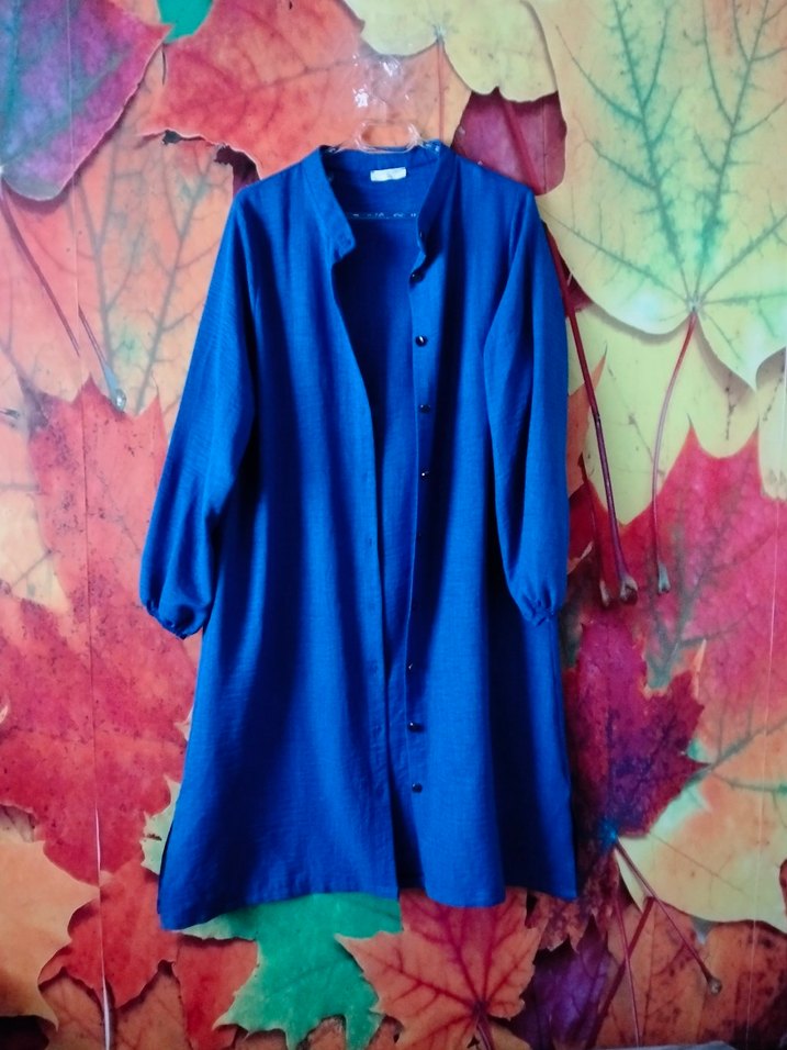 Düğmeli Mavi Uzun Keten Tunik - Görsel 2