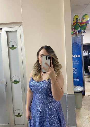 Mavi Parlak Uzun Straplez Abiye Elbise - Görsel 2