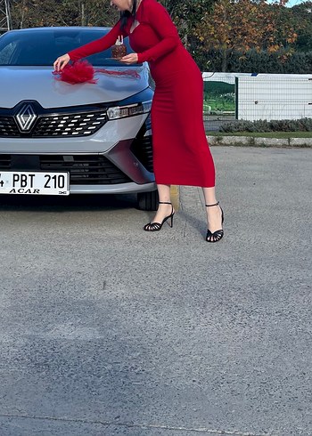 Kırmızı V Yaka Strappy Midi Elbise - Görsel 2