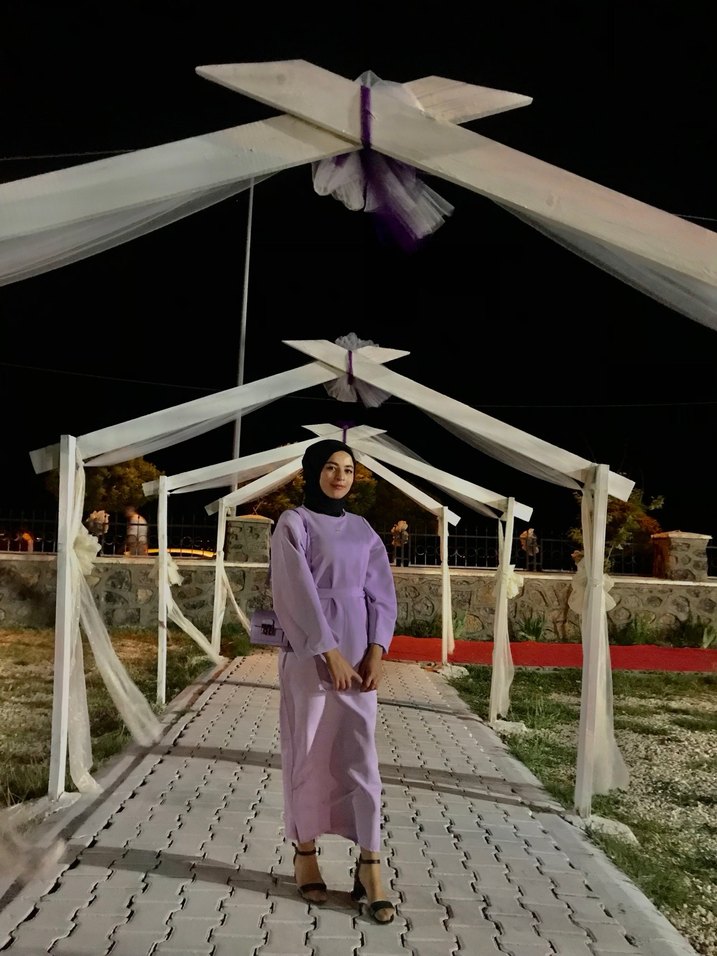 Mor Uzun Kollu Yüksek Yakalı Kadın Elbise - Görsel 2