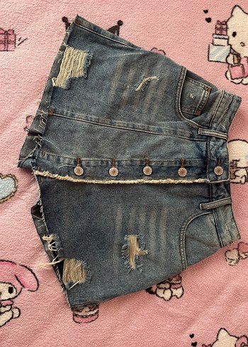 Düğmeli Açık Mavi Denim Mini şort Etek - Görsel 8